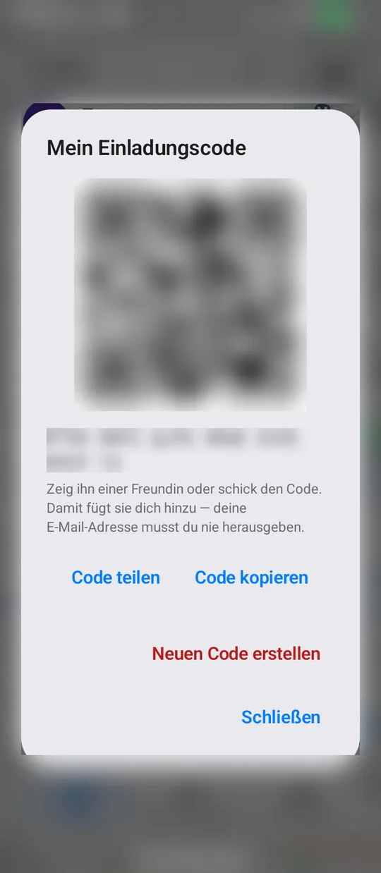 Bildschirm Mein Einladungscode: QR-Code und Textcode (in diesem Bild unscharf), mit Code teilen, Code kopieren und Neuen Code erstellen