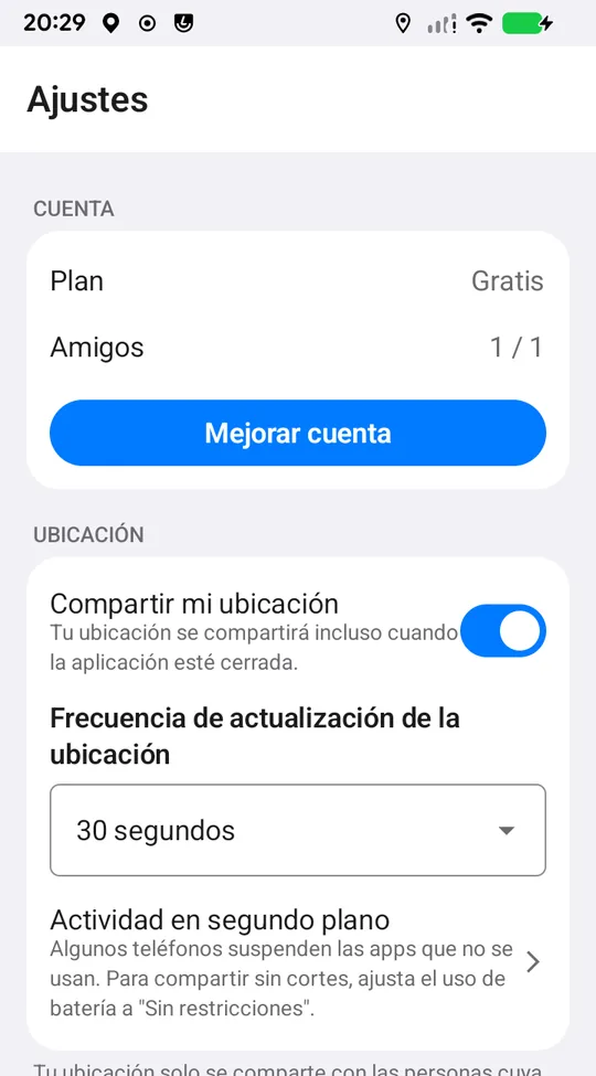 Ajustes en Android: filas Plan y Amigos, Mejorar cuenta, interruptor Compartir mi ubicación, Frecuencia de actualización y la fila Actividad en segundo plano