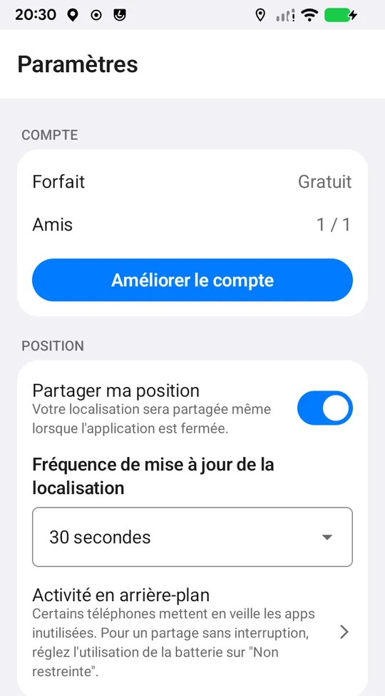 Paramètres Android : lignes Forfait et Amis, Améliorer le compte, interrupteur Partager ma position, fréquence de mise à jour et ligne Activité en arrière-plan