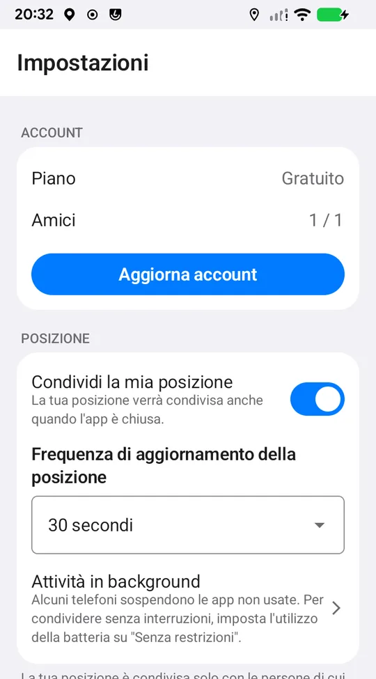 Impostazioni Android: righe Piano e Amici, Aggiorna account, interruttore Condividi la mia posizione, frequenza di aggiornamento e riga Attività in background