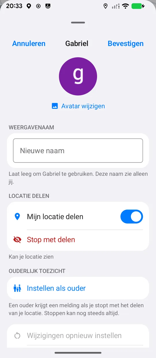Persoonskaart: Avatar wijzigen, veld Weergavenaam, schakelaar Mijn locatie delen, Stop met delen, Instellen als ouder en Wijzigingen opnieuw instellen