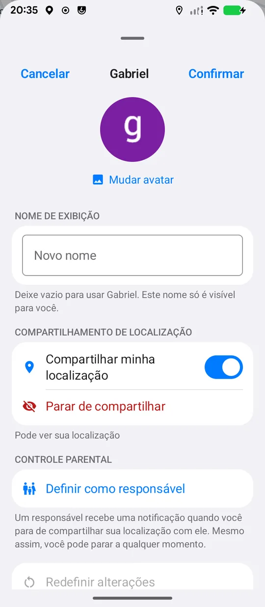 Cartão da pessoa: Mudar avatar, campo Nome de exibição, botão Compartilhar minha localização, Parar de compartilhar, Definir como responsável e Redefinir alterações