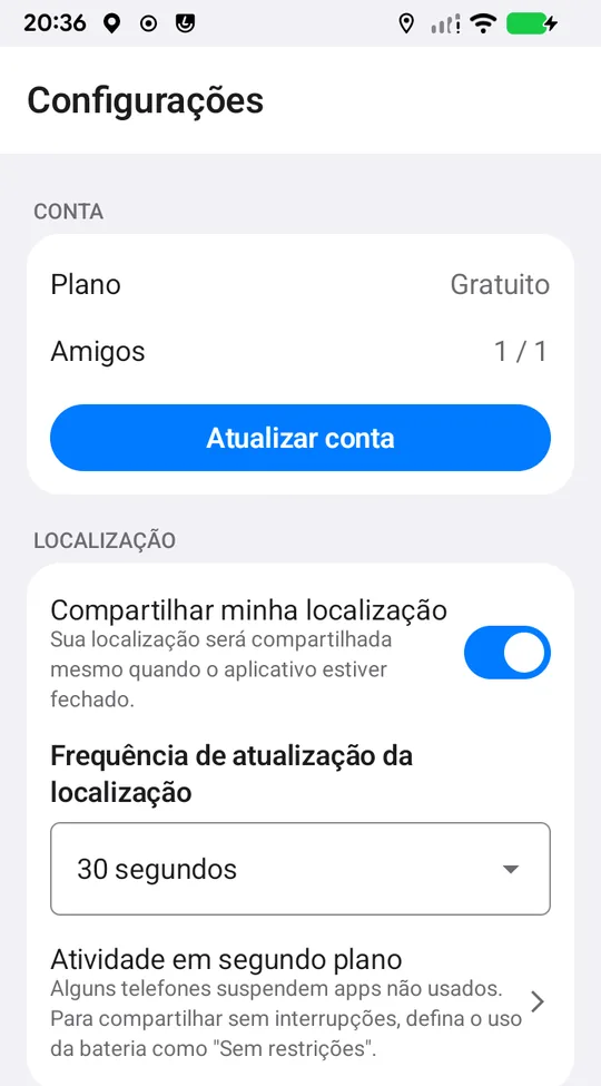Configurações no Android: linhas Plano e Amigos, Atualizar conta, botão Compartilhar minha localização, frequência de atualização e a linha Atividade em segundo plano